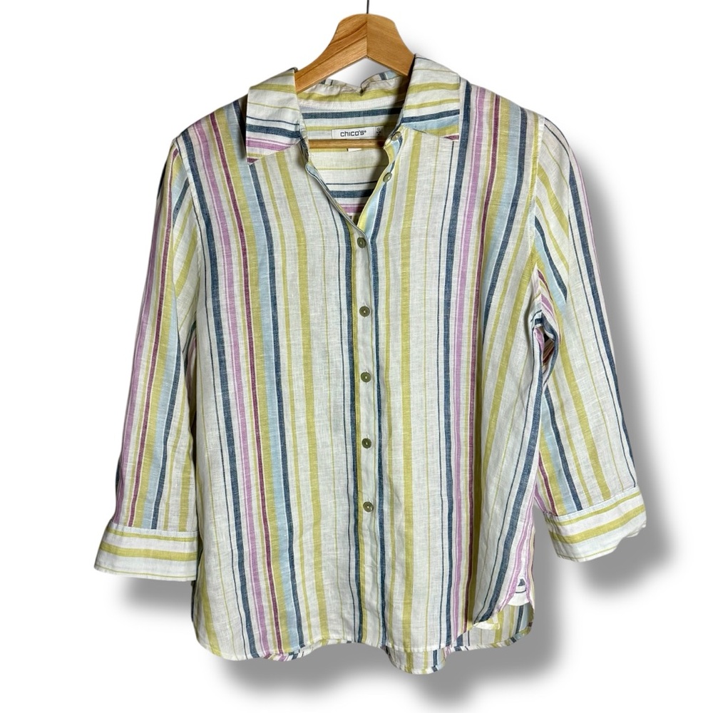 Chico's 'No Iron' 100% Linen Button-Down Striped Shirt